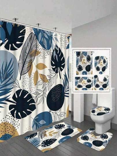 1/4 件套蓝色叶子图案浴室套装，防水浴帘（含 12 个挂钩），防滑浴垫，U 型马桶座套，马桶盖套，浴室装饰，浴室隔断，房间装饰