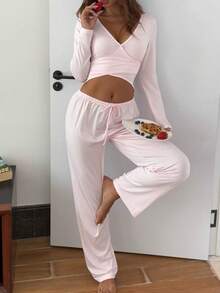 2pcs Women V-Neck Flare Sleeve Top + Straight Elastic Waist Pants Pajama Set - Pink - View 2