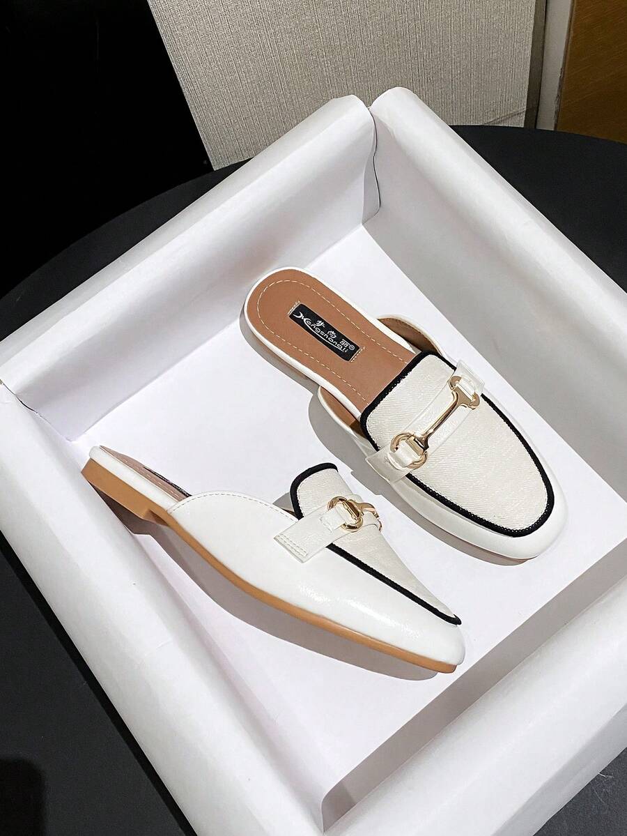 Women's Solid Color Retro Elegant Mule Slippers, Pure Metal Flat Shoes For Office, Party, Spring/Summer - White - View 1
