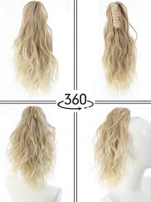 14英寸卷曲马尾发圈，14英寸爪形抽绳马尾假发，棕色混色漂白金高马尾发圈，合成纤维材质，女士时尚发夹，优雅发饰，休闲发爪，女士优雅发爪夹 - 彩色 - 查看 6