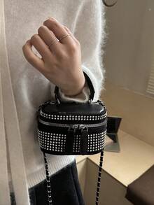Lightweight Mini Bag, Chain Bag, Quilted Stitching Bag With Rhinestone Decoration, Elegant Texture Suitable For Evening Party - Black - View 12