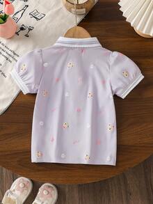 Girls' Allover Print Collar Short Sleeve T-Shirt, Summer - Mauve Purple - View 2