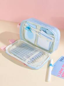 1个装撞色大容量糖果可爱学生铅笔盒，多层隔层设计，可收纳文具、计算器、笔记本等，适合学校、办公室、旅行——学生、职场人士、男女皆宜，文具收纳盒，多功能收纳盒，安全拉链封口，铅笔袋 - 多色 - 查看 4