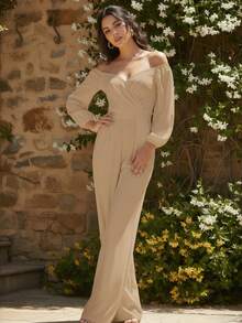 Palazzo mujer elegante escote corazon hombros decubiertos pliegue en pecho manga larga corte en cintura pierna ancha manga  verano con elegancia - Beis - Ver 2