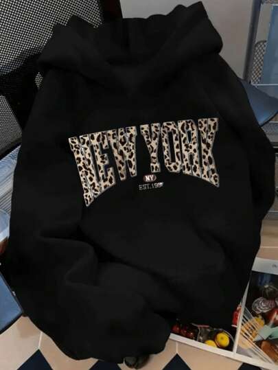 Sudadera hoodie sweatshirt dama mujer gorro capucha manga larga estampado New York NY leopardo
