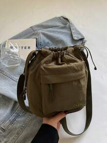 New Fashion Lightweight Shoulder Bag, Versatile Korean Style Casual Crossbody Bag, Large Capacity Drawstring Bucket Bag - Multicolor - View 4