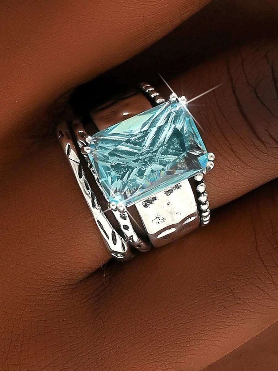 1 PC Luxurious Womens Rings Sparkling Rings For Women Engagement Wedding Band Promiss Ring Merry Christmas Valentine's Day Anniversary Gift For Her Jewelry Ring - 淺藍色 - 查看 1