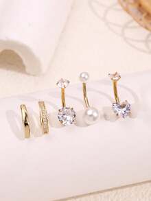 5件套优雅时尚简约性感奢华仿珍珠心形水晶不锈钢肚脐环套装，适合日常佩戴 - 金黃色 - 查看 2