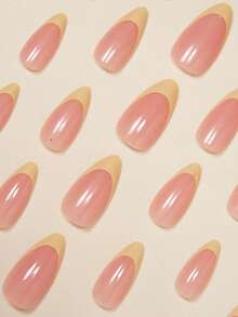 24片杏仁形美甲贴纸，柔和的黄色法式尖头搭配白色桃花装饰，粉色假指甲配以高级黄色桃花和银色点缀，全覆盖式美甲贴纸，适合女性和女孩，包含1张贴纸和1个迷你指甲锉（随机发货）。 - 黃色 - 查看 4