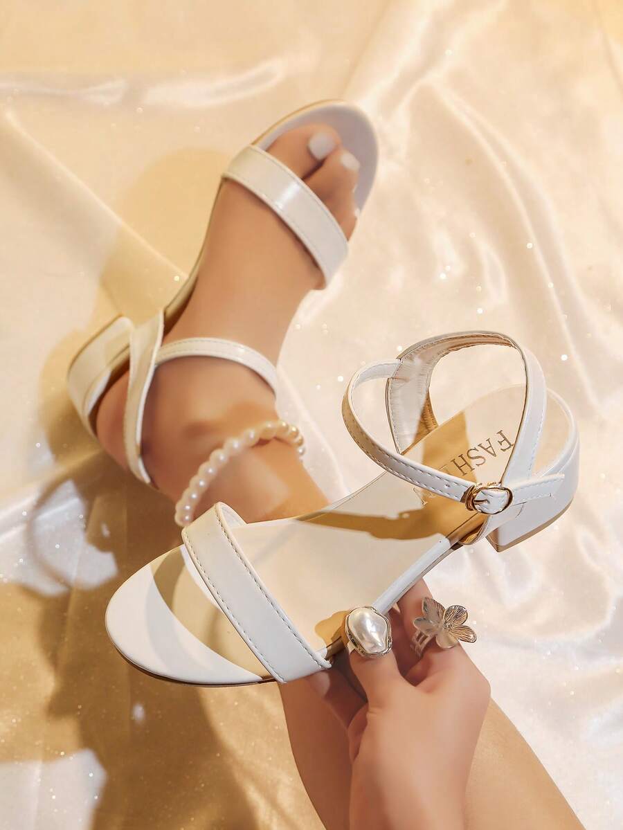 Women's Leather One-Strap Peep Toe Chunky Heel Sandals, Suitable For Casual Outings - Beige - View 1