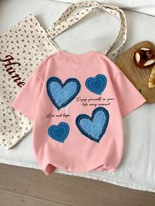 Tween Girl Heart Print Round Neck Short Sleeve T-Shirt, Comfortable New Spring/Summer - Pink - View 2