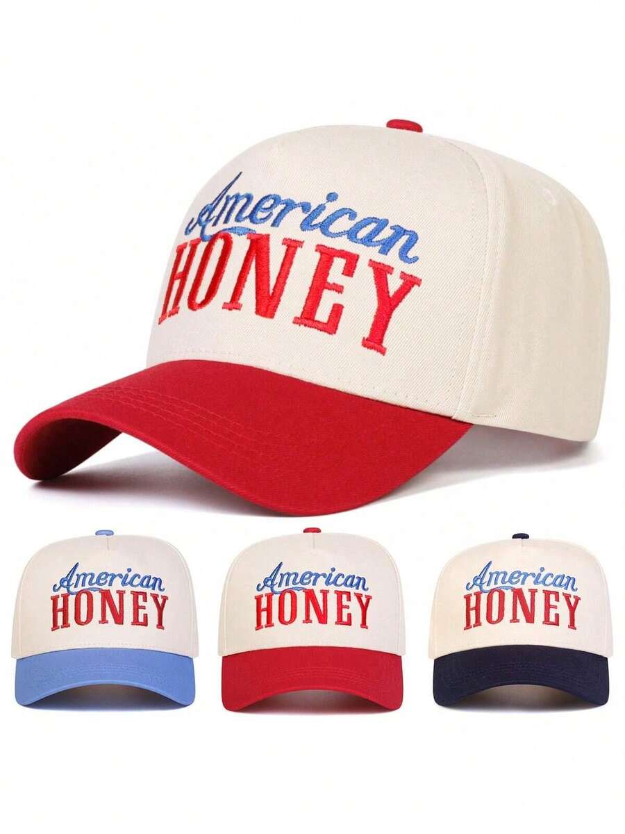 1pcs Men HONEY Letter Embroidered Two Tone Five-Panel Baseball Cap Outdoor Adjustable Sunscreen Leisure Hat Spring Autumn Travel Tourism Beach Vacation - Đỏ - Xem 1