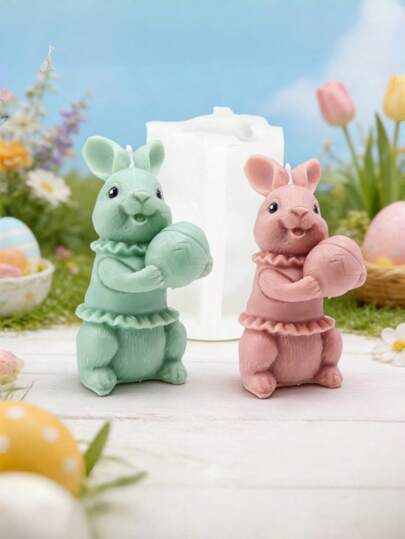 3D复活节兔子抱蛋硅胶模具，可重复使用，DIY模具，适用于制作大豆蜡香薰蜡烛、树脂皂等复活节工艺品