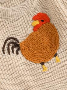 Toddler Baby Girl Boy Knit Sweater Rooster Embroidery Western Country Sweatshirt Oversized Tops Fall Winter Clothes - 卡其色 - 查看 4