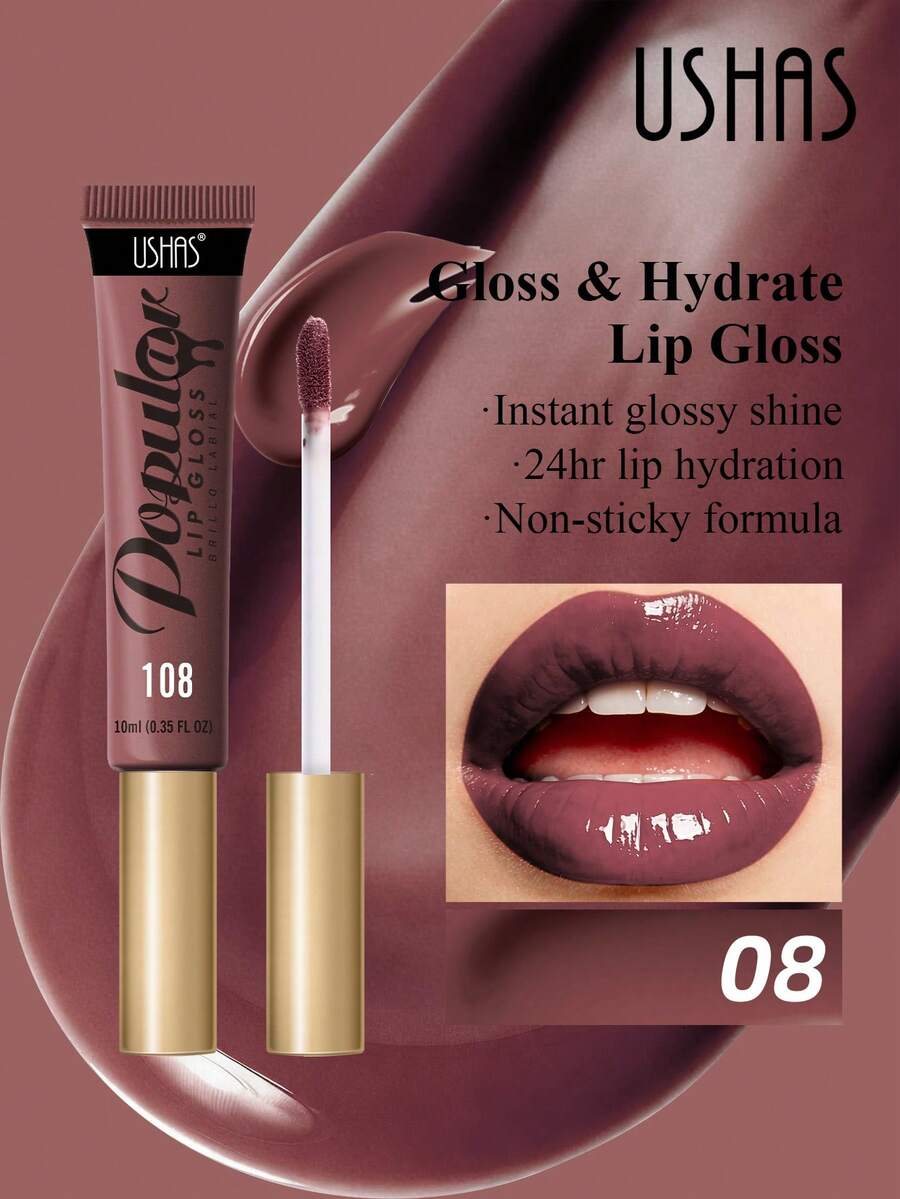 Brillo de labios con efecto espejo USHAS, de textura ligera y sedosa, con alta pigmentación y cobertura completa, hidratación duradera, apto para diferentes tonos de piel, crea un maquillaje de labios radiante, adecuado para el uso diario y citas - #08 - Ver 1