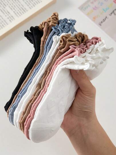 5 Pairs Heart Pattern Lace Trim Women's Ankle Socks, Non-Slip Breathable, Suitable For Spring And Summer