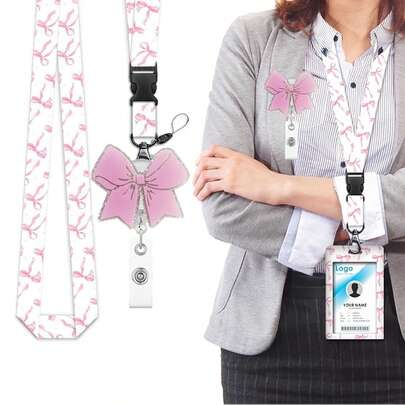 1pc (Badge Clip + Lanyard) Cute Personality ID Badge Reel, Shiny Badge Holder With Rotating Clip, Pink Bow Nursing Card Holder Retractable Clip, Versatile Medical Assistant Work Badge Accessory, Double-Sided Printed Office Lanyard, Suitable For Medical Workers, Teachers, Nurses, Students, Office Staff, Workers, Ladies Office Gift