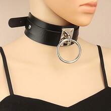 1pc Women's Metal Plate Circular Necklace, PU Leather Dark Punk Exaggerated Choker Necklace, Chain Neck Leash Restraint Collar Necklace - A - View 2