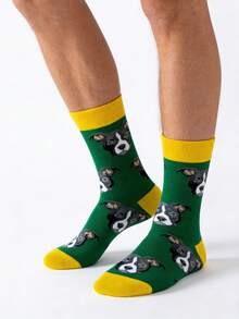 1 Pair Men's Green And Yellow Contrast Dog Head Print Mid-Calf Socks, And Casual For All Seasons - Multicolor - View 7