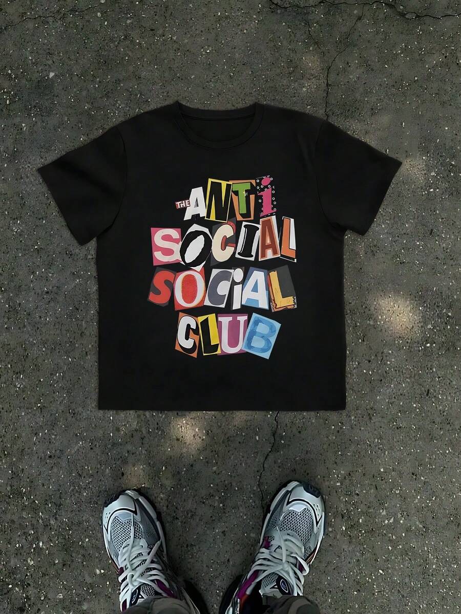 1Pcs Anti Social Club Print Men's T Shirt Streetwear 100% Cotton TShirt Men's Summer Graphic Tee Gift For Men, Casual Style Letter Tee For Hip Hop Fashion - Black - View 1