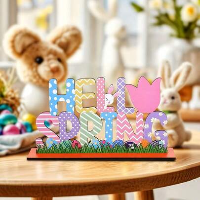 1 Piece Of Spring Wooden Desktop Decoration, Spring Greeting, Hello Spring Wooden Ornament, Colorful Egg With Flower And Rabbit Table Card, Wooden Letter Spring Decoration, Holiday Party Centerpiece, Spring Home Decoration, Spring Dining Table Decoration