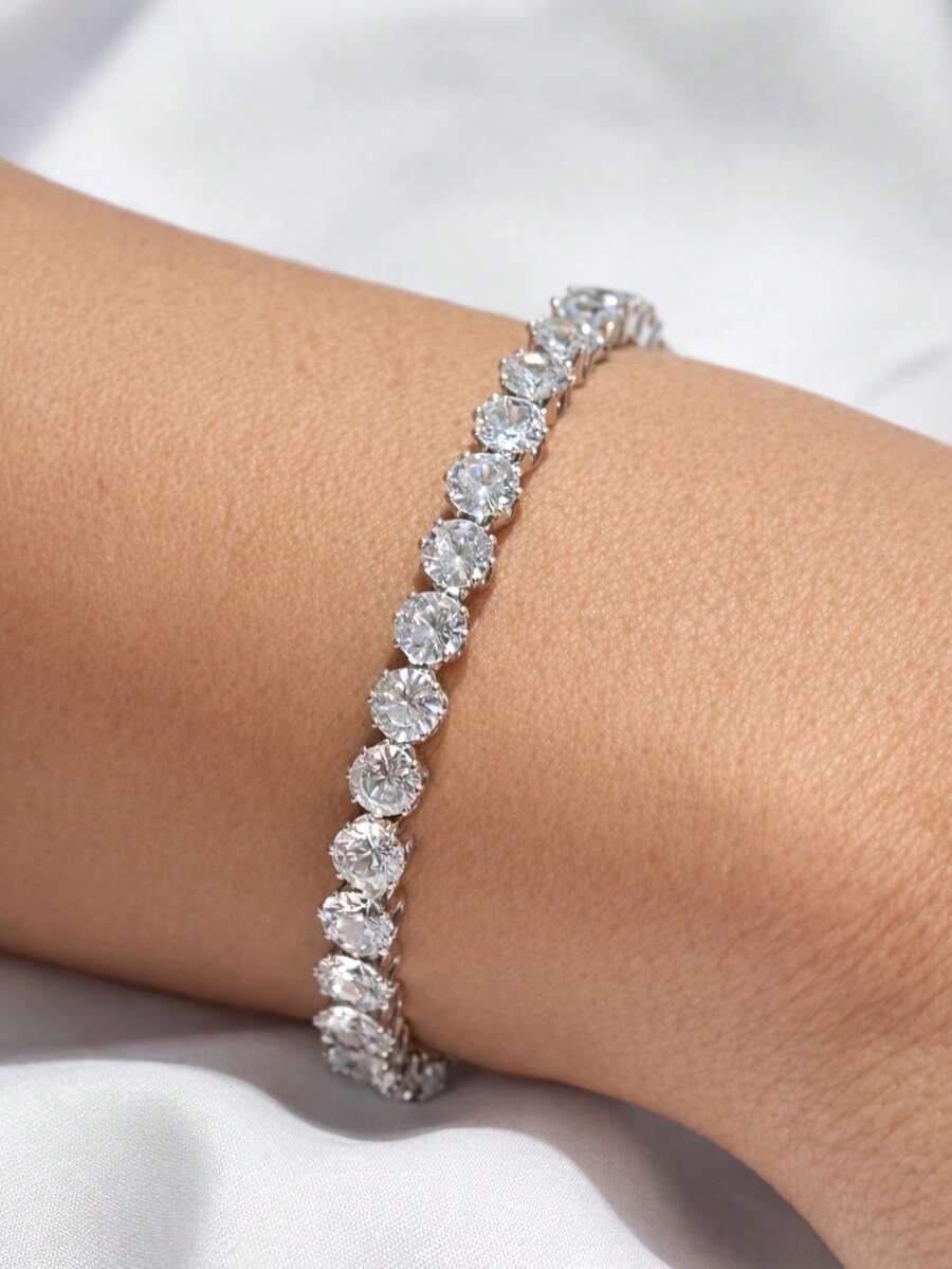 Elegant Luxury Minimalist Adjustable Bracelet With Cubic Zirconia Stones, Sparkly, For Women, Parties, And Gifts. - Bạc - Xem 1