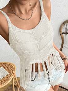 Women's Solid Color Casual Fringe Knit Sweater Summer - White 1 - View 4