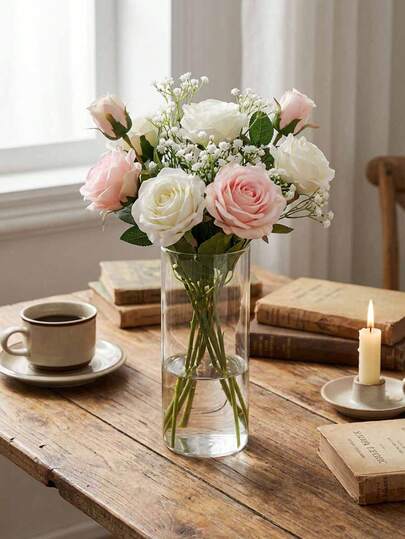 1个/1套玻璃花瓶+人造花卉摆设套装，北欧简约风格透明圆柱形花瓶，适用于鲜花、芦苇、人造花，可用于客厅、餐桌、婚礼、家居装饰、派对、接待等场合，不易碎，简约篮式摆设，房间装饰