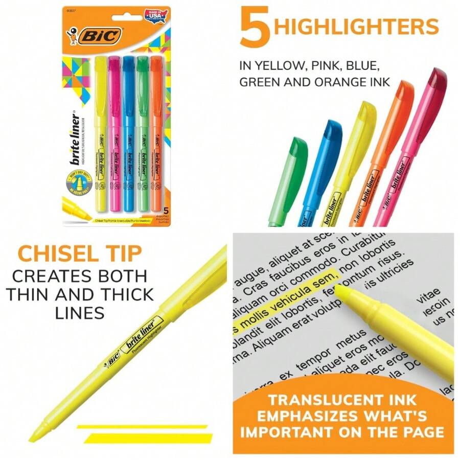 Brite Liner Highlighters, Chisel Tip, 5-Count Pack Of Highlighters Assorted Colors, Ideal Highlighter Set For Organizing And Coloring - 1 - 查看 1