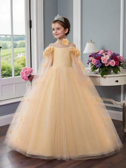 Tween Girls' Long Tulle Floral 3D Princess Dress, Elegant Luxurious Formal Gown Suitable For School Dance, Prom, Evening Party (Headband Not Included)