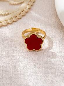 2pcs Fashionable Elegant Luxury High-End Classic Red Clover Ring Set, Suitable For Women, Flexible Stacking/Mixing - Red - View 5