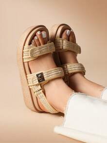 Women's 1.61-Inch Platform Wedge Sandals Arch Support Comfortable Open Toe Casual Dressy With Adjustable Straps PP Straw Shoe Upper For Beach Vocation Commuting Summer Apricot Shoes - 杏色 - 查看 2