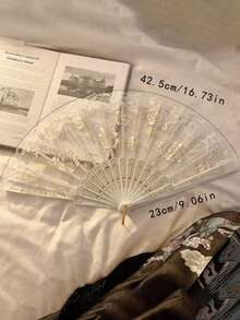 1pc Chinese Folding Lace Hand Fan, Suitable For Party, Wedding, Church, Dance (Available In Pink, Black, White) - 1PC - View 4