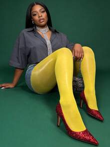 1 pieza Medias transparentes y brillantes elásticas de talla grande para mujer, anti-enganches, mallas brillantes, medias sexys y de moda para discoteca - Amarillo - Ver 2