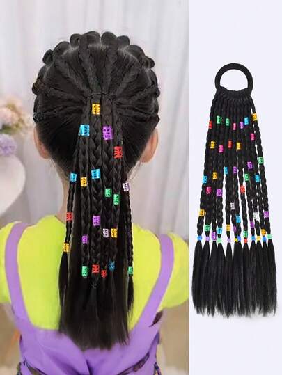Peluca sintética con trenzas y moños retorcidos. 12 trenzas para el peinado de la niña pequeña. La diadema es de estilo de cinta con botones de colores. Peluca sintética para niños linda y elegante con una cola de caballo alta.
