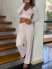 2pcs Women V-Neck Flare Sleeve Top + Straight Elastic Waist Pants Pajama Set - Pink - View 11