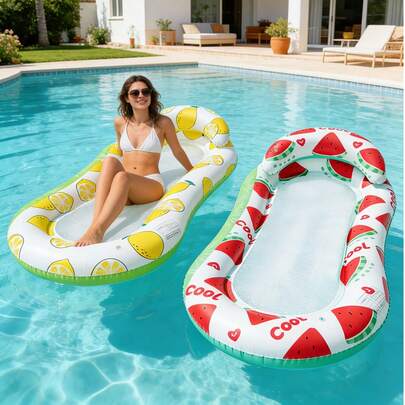 1 chiếc giường phao bơm hơi, kiểu dáng trái cây với họa tiết dưa hấu và chanh, thiết kế hình gối, chất liệu PVC, thích hợp cho nước, hồ bơi, bãi biển, tiệc theo chủ đề, phao nổi trên nước, ghế nghỉ trên nước, vật nổi bơm hơi, bè hồ bơi, cần mua bơm hơi riêng.