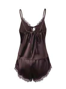 Women's Lace Trim Cami Pajama Set Spaghetti Strap V Neck Camisole And Shorts Satin Silk Coquette Lingerie Pj Set Summer Soft Sleepwear Loungewear - 咖啡棕 - 查看 9