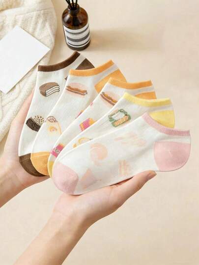 5双装女士短袜，美食休闲风，可爱甜甜圈图案，韩日时尚