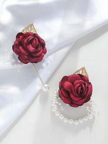1 pieza/2 piezas Broche y corsage de muñeca con flor de rosa burdeos y hojas doradas, adecuado para novio, novia, padrino, dama de honor, decoración de boda, eventos formales, fiestas - Burdeos - Ver 2