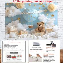 2D Flat, 1pc 2D Flat Banner, Fantasy Hot Air Balloon Bear Background With Blue Sky, Clouds And Stars, Suitable For Shower Party, Festival, Birthday And Wedding, Perfect Gift Vinyl Photography Backdrop - 8 - View 3