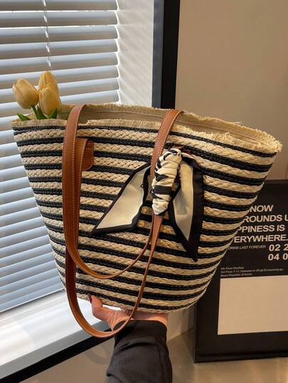 1pc Fashion Striped Women's Large Capacity Tote Bag, Minimalist Vacation Style Casual Shoulder Bag, Polyester Straw Beach Bag With Scarf Decor, Handheld Daily Commute Holiday Chic Ladies Handbag
