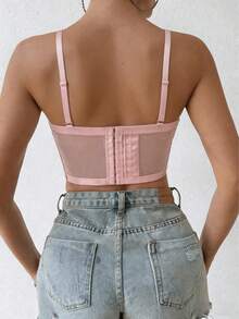 Top corto de canesú con adornos de strass, top ajustado de red transparente que revela el abdomen, ropa de fiesta para mujeres - Rosa - Ver 3