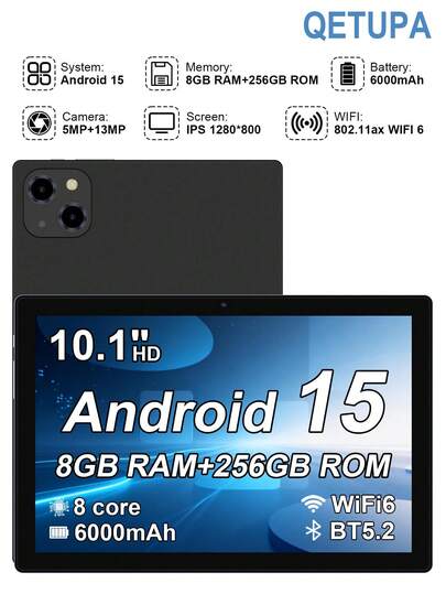 Qetupa Tableta Android de 10.1 pulgadas, nueva tableta insignia 2026 A19, procesador Octa-Core MTK8788 a 2.0GHz, 8GB de RAM + 256GB de ROM (admite expansión de tarjeta SD de hasta 1TB), cámara frontal de 5MP + cámara trasera de 13MP, pantalla táctil IPS HD de 1280*800, batería de 6000mAh, Bluetooth 5.2, GPS, Wi-Fi 802.11ax 6, puerto de carga Tipo C.