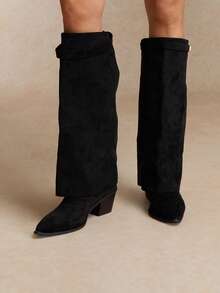 Tropiscape 女士阔腿裤搭配尖头高筒靴，2025夏季新款西部牛仔靴 - 黑色 - 查看 2