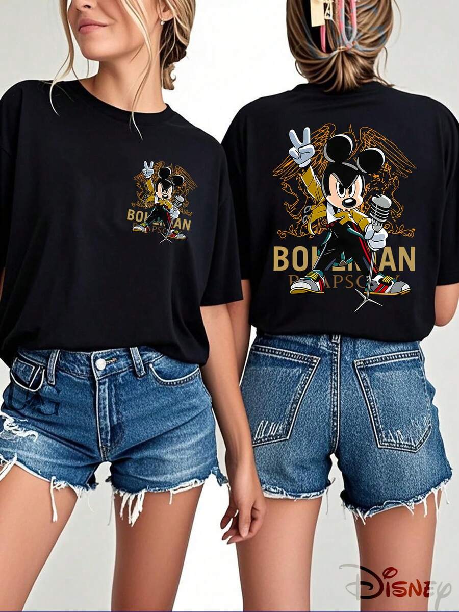 Disney Official Licensed, Mickey Mouse, , Collab, Double-Sided Print, 100% Cotton, Crew Neck T-Shirt,  Rock Style, Streetwear, Casual Wear, Spring & Summer Top, Disney Merch, Fan Collectible - 黑色 - 查看 1