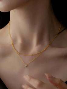 1件水钻吊坠双层链项链，时尚简约精致单颗水钻吊坠O形珠链多层项链，优雅小巧项链，适合女孩和女士佩戴（珠子数量随机） - 金色 - 查看 6