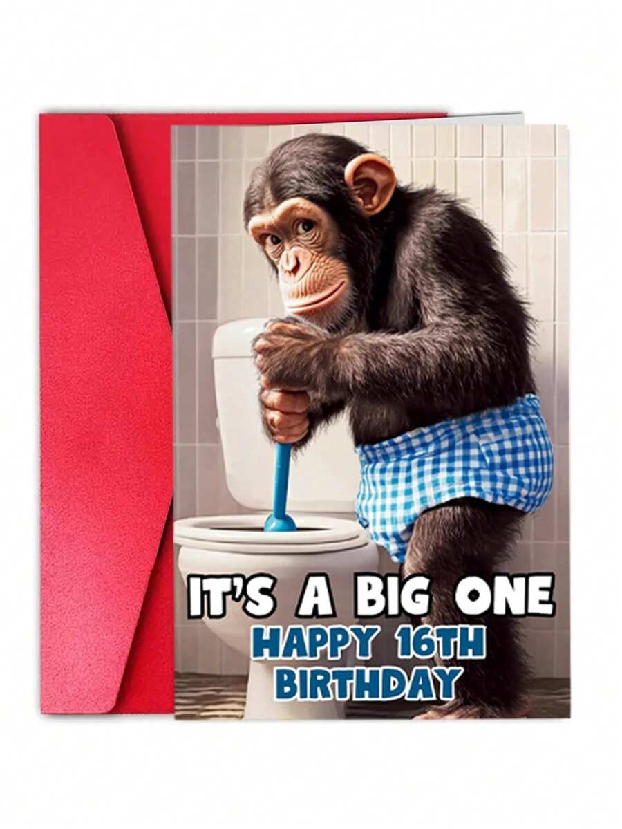 一张趣味十足的“这是个大生日”16岁生日贺卡，附赠红色信封，贺卡上印有黑猩猩马桶搋子图案，是送给青少年和朋友的完美生日贺卡。 - 查看 1
