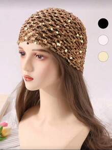 1 pieza Gorro de mujer de moda con ganchillo hueco y lentejuelas, adecuado para uso diario, salidas de primavera y otoño - Sombrero de jersey recto - Ver 4