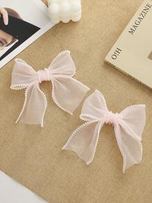 2pcs Minimalist Bohemian Style Pearl Rimmed Bow Hair Clips, Suitable For Daily Wear, School, Travel, Gifting To Girlfriend - Multicolor - View 10